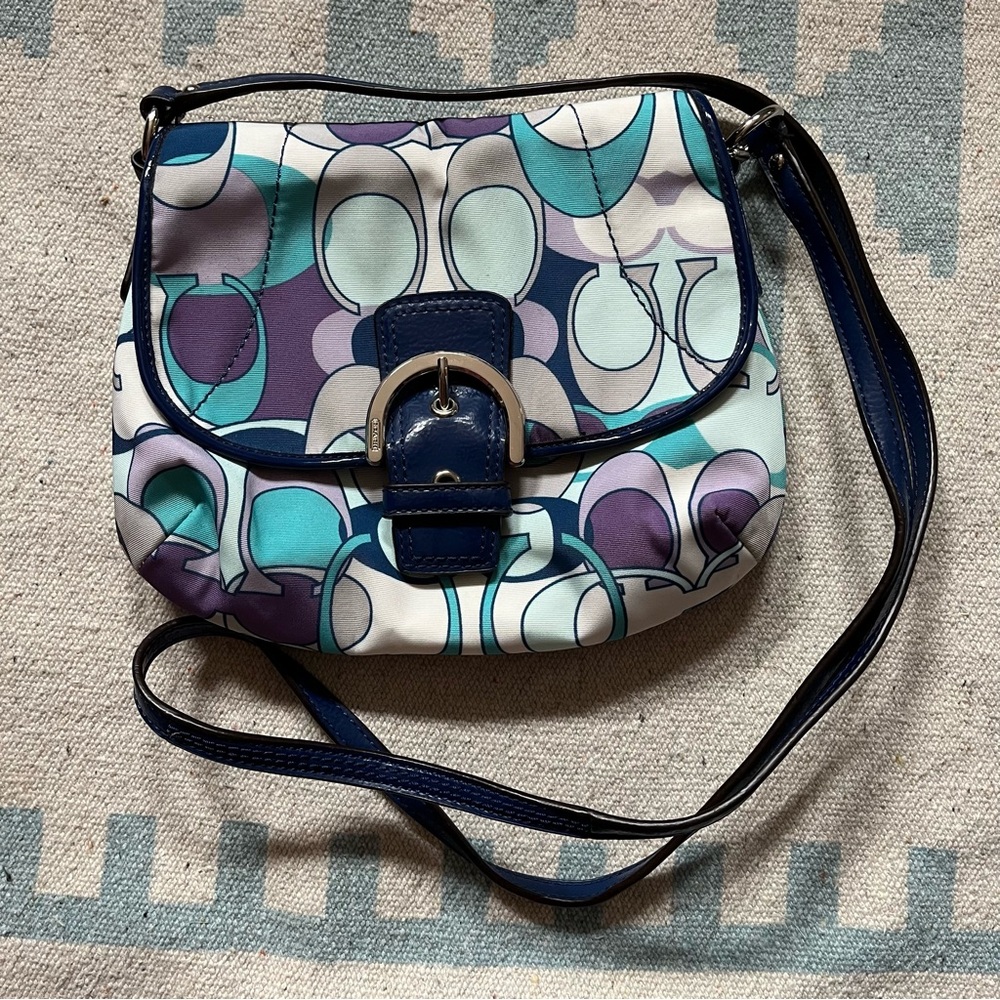 Coach Kyra Scarf Print Daisy Crossbody Flap Bag Blue Pattern y2k Small Buckle